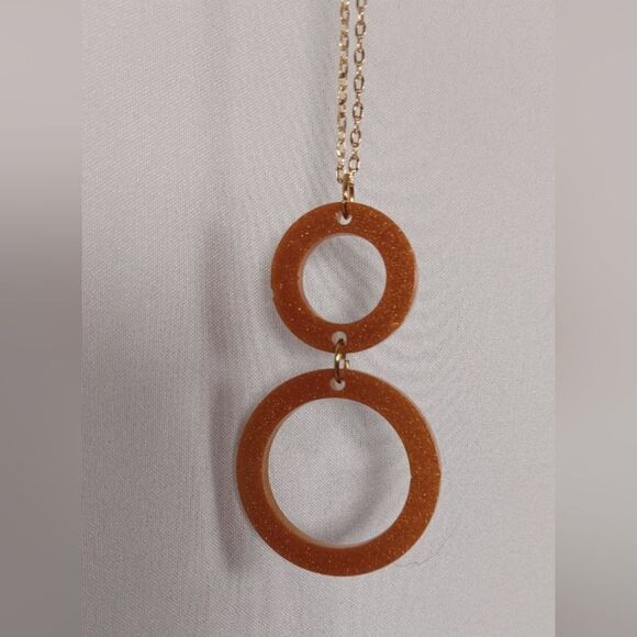 CLEARANCE Orange resin circles pendent necklace gold colored chain 27 1/2 inches - Picture 1 of 4